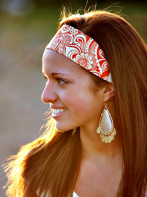 Wide Yoga Headband, Womens/teens Bandana, Hippie Hairband- Orange Tribal